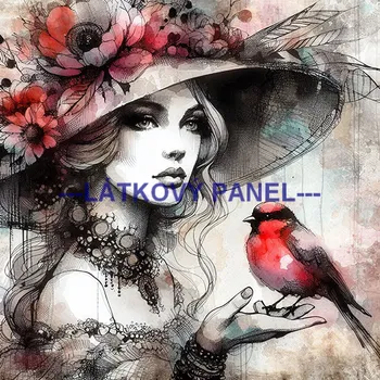 Látkový panel - Dáma s ptáčkem - DZ-95 Velikost: 15x15cm, Materiál: Teplákovina nepočesaná