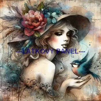 Látkový panel - Dáma s ptáčkem - DZ-100 Velikost: 30x30cm, Materiál: Mikroplyš