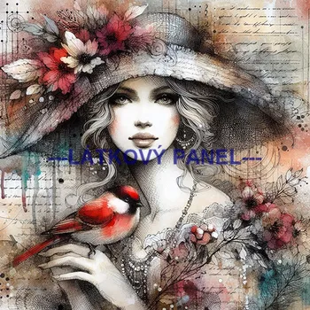 Látkový panel - Dáma s ptáčkem - DZ-99 Velikost: 40x40cm, Materiál: Kočárkovina