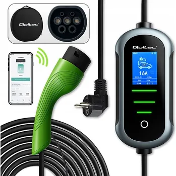 Nabíjecí stanice pro elektromobil Přenosná nabíječka EV 3.5kW Typ 2 Qoltec 230V Wi-Fi LCD 5m s regulací