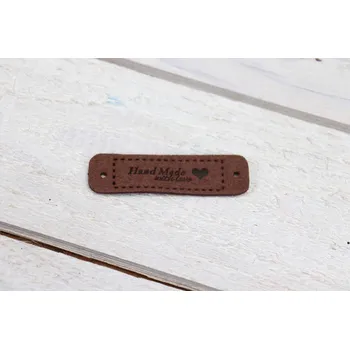 Dárková visačka Pro Háčkování Hand Made koženková cedulka se srdíčkem 15x55 mm hnědá
