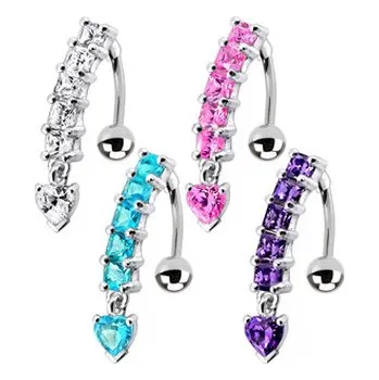 Piercing BP01190-P Stříbrný piercing do pupíku - obrácený - srdce - růžová