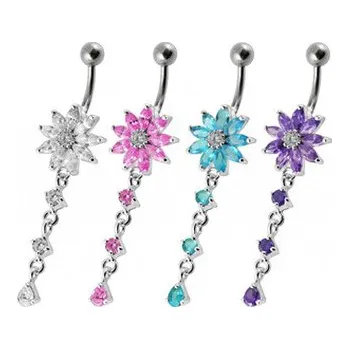 Piercing BP01119-P Stříbrný piercing do pupíku - kytička - květiny - růžová