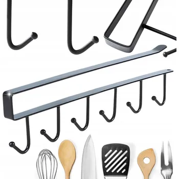 Věšák ZÁVĚSNÝ KUCHYŇSKÝ VĚŠÁK ČERNÝ KOVOVÝ 6 HÁKŮ NA NÁČINÍ