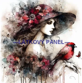 Látkový panel - Dáma s ptáčkem - DZ-96 Velikost: 25x25cm, Materiál: Teplákovina nepočesaná