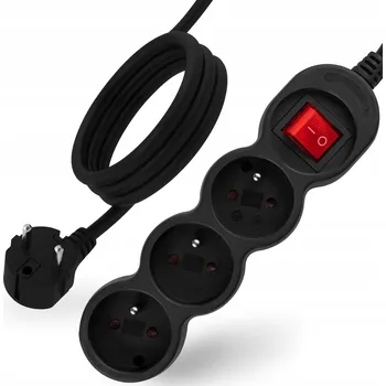 Napájecí kabel Prodlužovací Kabel s uzemněním, 3 zásuvky, 5m, vypínač ON/OFF, černý