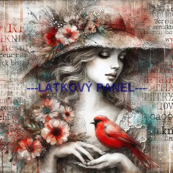 Látkový panel - Dáma s ptáčkem - DZ-103 Velikost: 15x15cm, Materiál: Kočárkovina