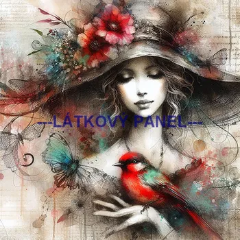 Látkový panel - Dáma s ptáčkem - DZ-101 Velikost: 25x25cm, Materiál: Bavlna