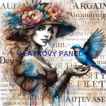 Látkový panel - Dáma s ptáčkem - DZ-92 Velikost: 35x35cm, Materiál: Kočárkovina