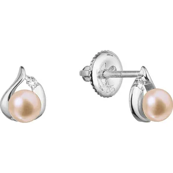 Náušnice EVOLUTION GROUP CZ Zlaté 14 karátové náušnice slza bílé zlato s růžovou říční perlou a brilianty - 81PB00052