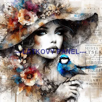 Látkový panel - Dáma s ptáčkem - DZ-102 Velikost: 25x25cm, Materiál: Kočárkovina