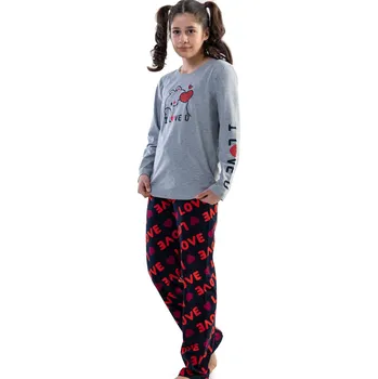 Šedé modro červené srdíčkové dívčí pyžamo LOVE Medvídek 1F0853 šedá 158-164-13-14-let