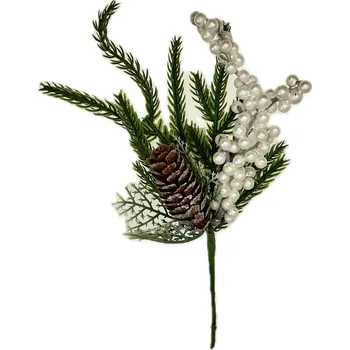 Vánoce Zápich jehličí LUX gumové 3D se šiškou/ bílé bobulky 25 cm