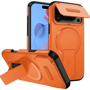 Pouzdro na mobilní telefon Kryt s posuvnou krytkou kamery, výklopným stojánkem a MagSafe pro iPhone 17 Pro Max - oranžový