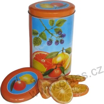 Dóza na potraviny OVOCE plechová dóza oválná citrusy s ostružinou