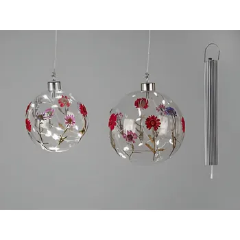 Vánoční dekorace Koule sklo se sušenými květinami pr. 15 cm s LED včetně baterií