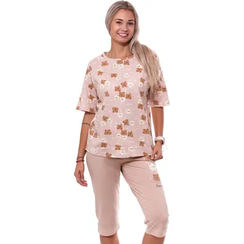 Dámské pyžamo Béžové i hnědé medvědí pyžamo pro ženy či dívky s 3/4 nohavicí plyšová medvědí rodinka 1B2088 hnědá m