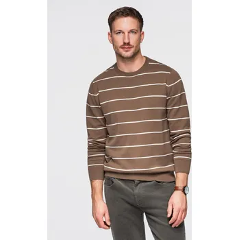 Pánský svetr Pánský ležérní svetr s vodorovnými pruhy - hnědý V3 OM-SWSW-0143 - M