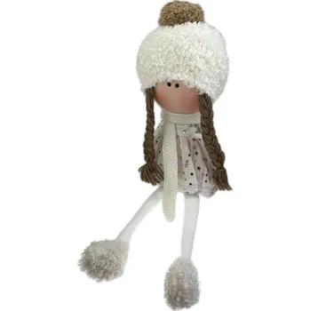 Vánoce Holčička látka sedící s bílou čepicí 15x12x50 cm