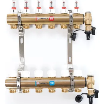 rozdělovač topení Wigell Podlahový rozdělovač WIGELL, 6 okruhů, mosazný + odvzdušňování na klíč 8481.80.90