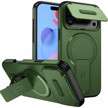 Pouzdro na mobilní telefon Kryt s posuvnou krytkou kamery, výklopným stojánkem a MagSafe pro iPhone 17 Pro Max - olivový