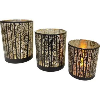 Svícen Svícen skleněný 10x12,5 cm dekor stromy černo-zlatý