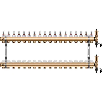 rozdělovač topení Wigell Podlahový rozdělovač WIGELL, 18 okruhů, mosazný + odvzdušňování na klíč 8481.80.90