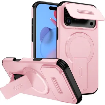 Pouzdro na mobilní telefon Kryt s posuvnou krytkou kamery, výklopným stojánkem a MagSafe pro iPhone 17 Pro Max - růžový