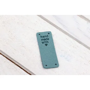 Dárková visačka Pro Háčkování Hand Made koženková cedulka - přes okraj - se srdíčkem 20x50 mm světlý petrol