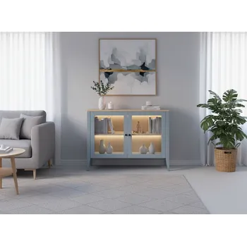 Komoda Buková komoda ROMA KT2 šedomodrá prosklená Dvířka: Dvířka - čiré sklo, Úchyty: úchyt - černá