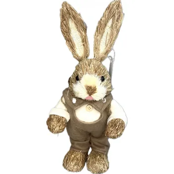 Velikonoční dekorace Zajíc ze stříhané trávy s látkovým oblečkem, 15x13x34 cm