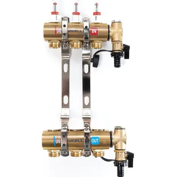 rozdělovač topení Wigell Podlahový rozdělovač WIGELL, 3 okruhy, mosazný + odvzdušňování na klíč 8481.80.90