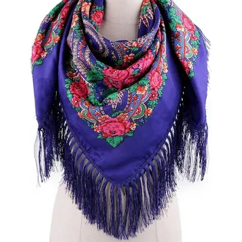 Šátek Šátek folklórní květy a třásněmi 105x105 cm - 5 modrá kobaltová