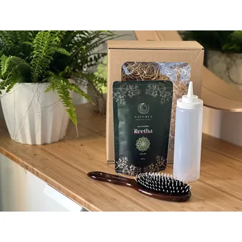 Kosmetická sada NATUBEA | Dárkový balíček: Živá péče s kartáčem | Aplikační lahvička + Reetha 100 g + Kartáč plochý L 9045