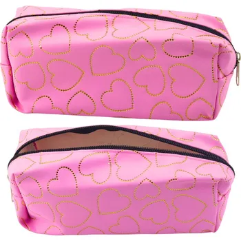 Penál LEAN Školní nebo kancelářský penál s jednou komorou Růžová s okouzlujícími zlatými srdíčky 20x8 cm