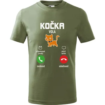 Dětská móda Dětské tričko s potiskem Kočka volá Velikost: 110 /4 roky, Barva trička: Khaki