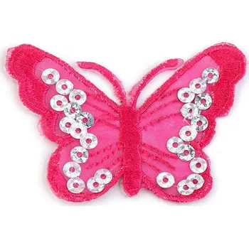 Textilní nažehlovací páska Nažehlovačka motýl s flitry - 4 růžová malinová