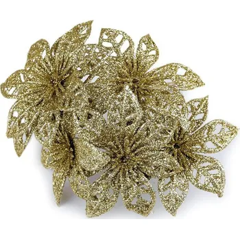 umělá květina Vánoční hvězda Ø7 cm na drátku s glitry 6ks - 3 zlatá