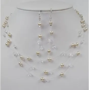 Svatební dekorace Soupravy bižuterie - Svatební bižuterie - 4-K-K-3RS-MS02 - Krystal, krémové perly - stříbro