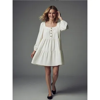 Dámské šaty Sinsay - Rozšířené mini šaty s čtvercovým výstřihem a knoflíky vpředu - krémová - 5823J-01X - 5823J-01X-XXS