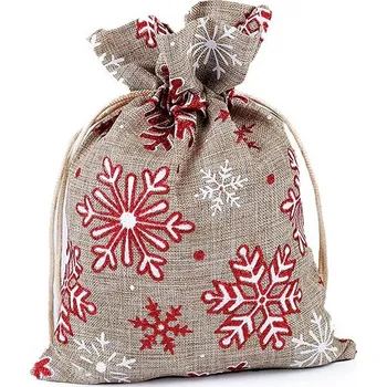 Vánoční dekorace Dárkový vánoční / mikulášský pytlík vločky s glitry 13x18 cm imitace juty - 1 režná