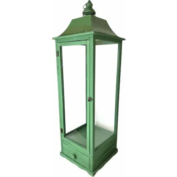 Lucerna Lucerna dřevěná zelená + skl.výplně 33x33x108 cm