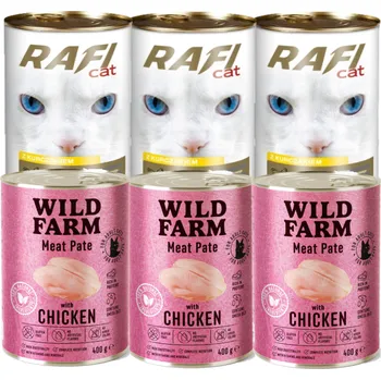 Krmivo pro kočku RAFI Cat Kousky s drůbežím masem v omáčce 3x415g + WILD FARM Paštika s kuřecím masem 3x400g
