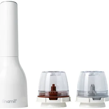 Kuchyňský mlýnek Dárková sada FinaMill – lesklý bílý bateriový mlýnek se dvěma zásobníky