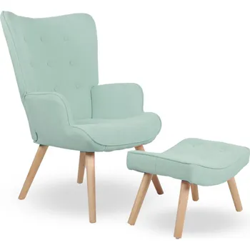Křeslo Křeslo ušák CORDU + taburet — masiv, látka, přírodní / mentolová