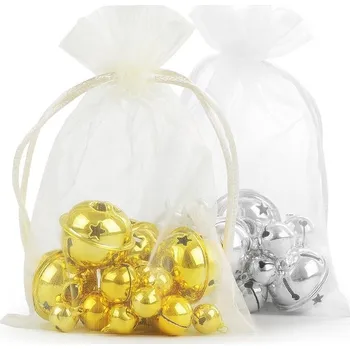 Vánoční dekorace Rolničky v organzovém pytlíku - 3 fialová sv. stříbrná