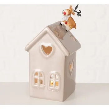 Vánoční dekorace Vánoční keramický svícen domeček na čajovou svíčku světle šedý 1ks, 8x7x16 cm - Se srdcem