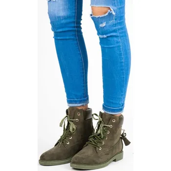 Dámská zimní obuv Semišové workery vázané stužkou khaki - 40