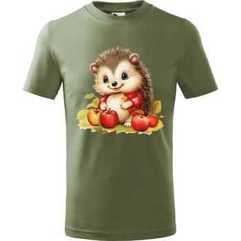Dětské tričko s potiskem Ježek s jablky Velikost: 110 /4 roky, Barva trička: Khaki