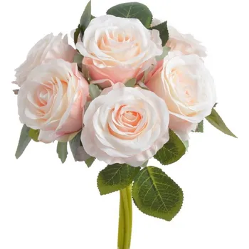 umělá květina Kytice růží 9 kusů - krémová s růžovým podbarvením